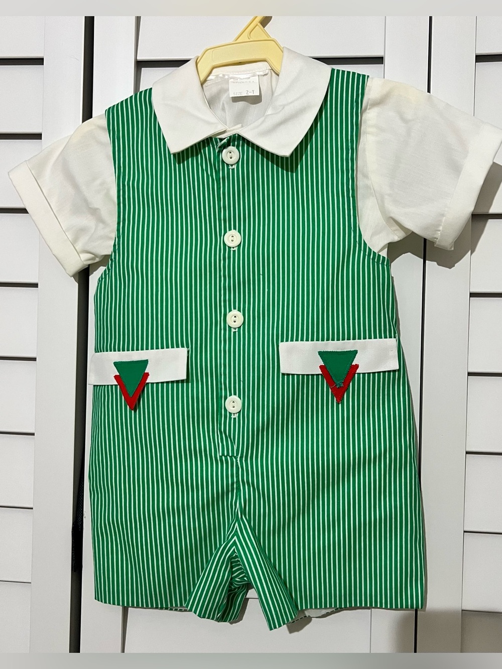 Sylvia Whyte Vintage Boys Romper 2 Piece Set Green and White 2T